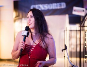 Sophia Sky addressing attendees at the 2016 Seattle Erotic Art Festival.
